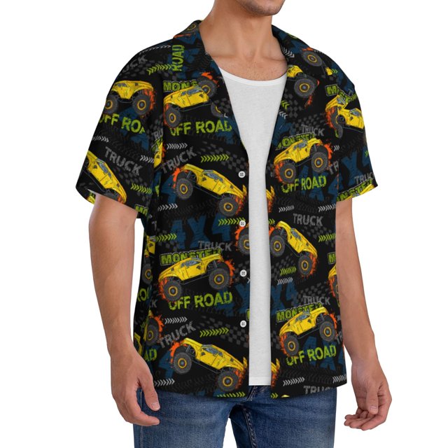 Lsque Monster Truck1 print Men's Cuban Collar Short Sleeve Shirt Summer