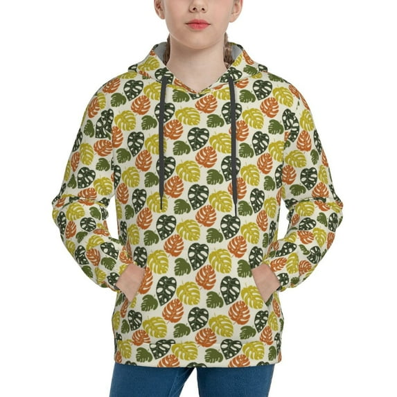 Lsque Monstera Leaves Patten Youth Hoodie Sweatshirt Pullover with Kangaroo Pocket Boys and Girls Hoodie Warm Hoodie for Kids-Medium