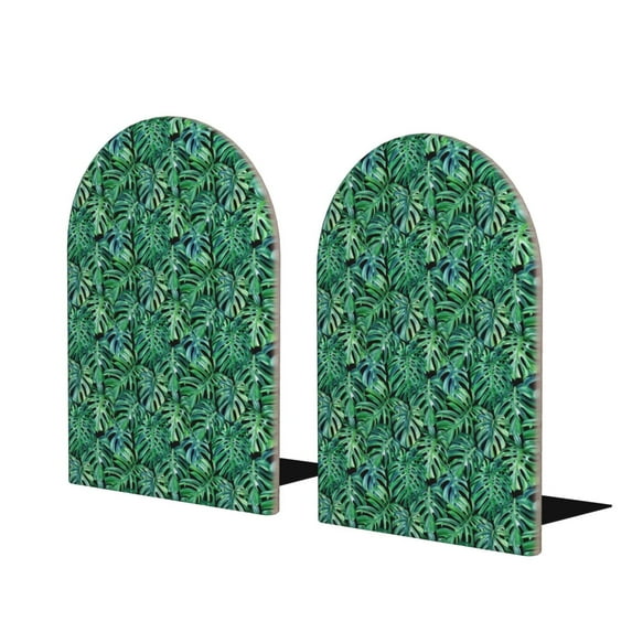 Lsque Monstera Leaves Printed Wood Bookends,Non-Skid Bookend for Shelves,Heavy Duty Support Bookends,Non-Slip Foam Pads for Office, Home, and Library,1 Pair