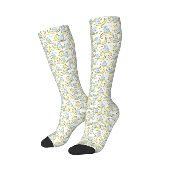 Lsque Moon And Rabbit Printed Crew Socks Men's Women's LightWeight Thin Casual Calf Socks ,Knee High Socks,Cotton Socks