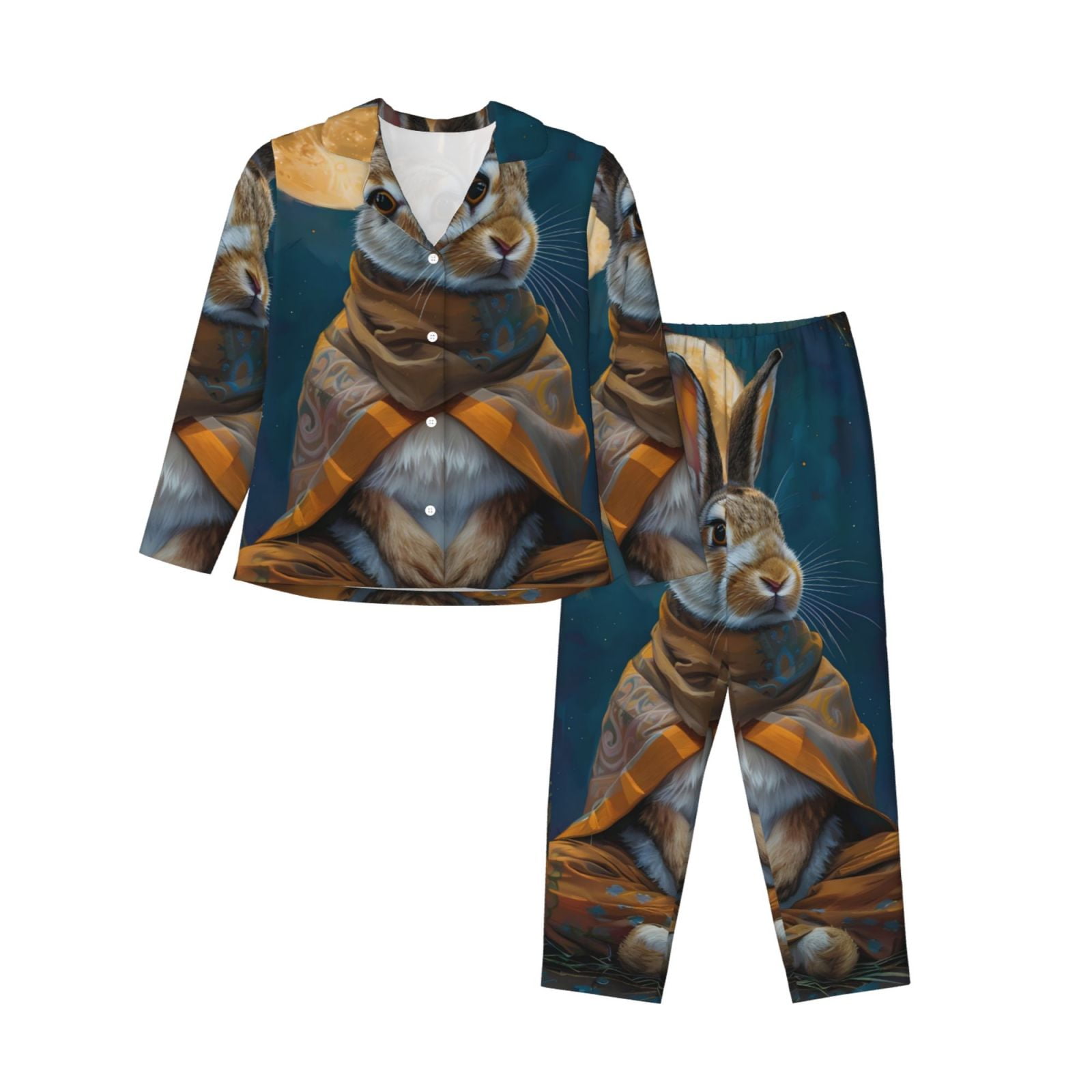 Pyjamas Rabbit Lsque Moon Night Sky Cute Rabbit Pattern Long Sleeve Pajama Set for ...