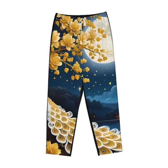 Lsque Moonlit Golden Tree Peacock Print Women's Pajama Pants, Lounge Pant - Comfortable Home Wear,Elastic Waistband, Stylish Design-X-Large