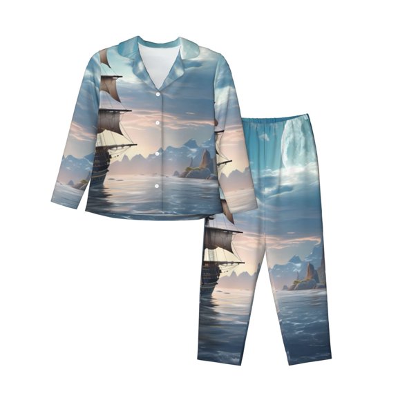 Lsque Moonlit Sea Sailboat Pattern Long Sleeve Pajama Set for Women - Soft 2-Piece Sleepwear and Loungewear Set with Pockets, Comfy Nightwear-XX-Large