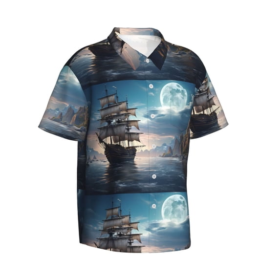 Lsque Moonlit Sea Sailboat pattern Hawaiian Shirt for Men, Unisex Summer Beach Casual Short Sleeve Button Down Shirts-Small
