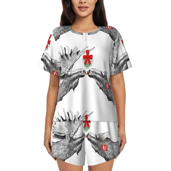 Lsque Moose Kissing Under Mistletoe Women's Short-Sleeved Pajama Set - 2 Piece Soft and Lightweight Sleepwear Set-XX-Large