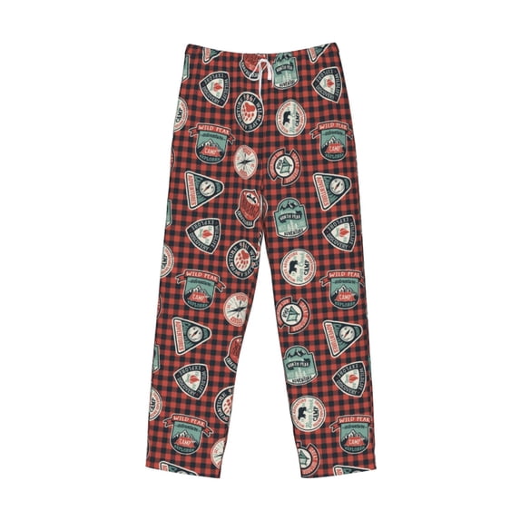 Lsque Mountain Adventure Badges Print Men's Pajama Pants, Lounge Pant - Comfortable Home Wear,Elastic Waistband, Stylish Design-Medium