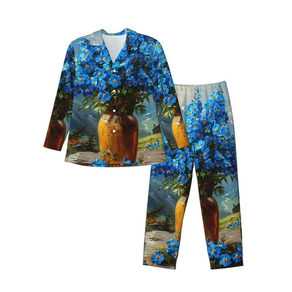 Lsque Mountain Blue Flowers Vase Pattern Long Sleeve Pajama Set for Men - Soft 2-Piece Sleepwear and Loungewear Set with Pockets, Comfy Nightwear-Medium