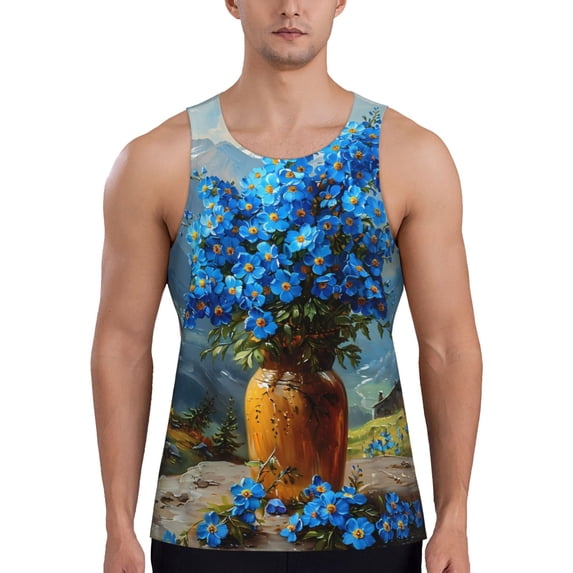 Lsque Mountain Blue Flowers Vase Pattern Mens Tank Tops Muscle Athletic Quick Dry Sleeveless Workout Fitness T Shirts Beach Tank Top, Loose-fit Sleeveless Shirt for Men-4X-Large