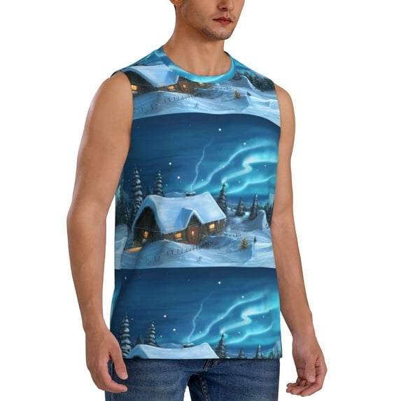 Lsque Mountain Cottage In Snow Print Men's Cotton Blend Sleeveless Muscle Shirts (S-3XL)- Moisture Wicking, Odor Protection, UPF 30+,Large
