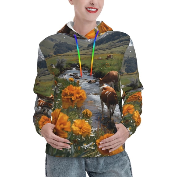 Lsque Mountain Cows Flower Stream Pattern Casual Women's Hoodie,Hooded Sweatshirt with Kangaroo Pocket,Pullover Hoodie with Eye-catching Drawstrings-Small