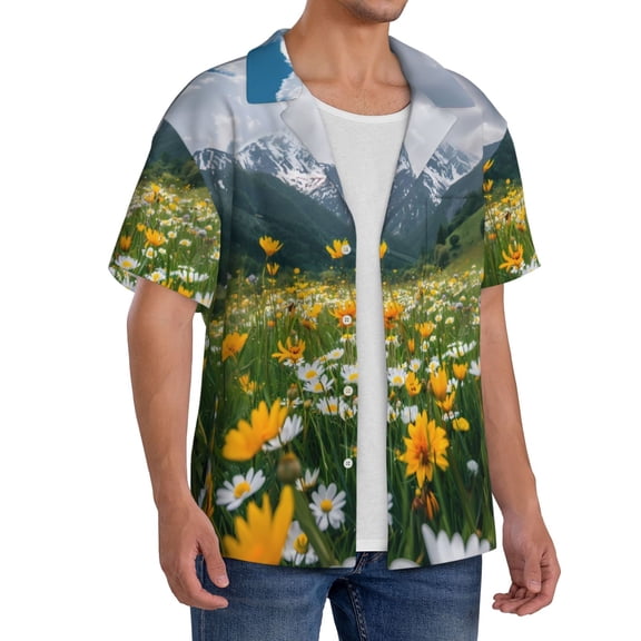 Lsque Mountain Daisy Meadow print Men's Cuban Collar Short Sleeve Shirt Summer Beachwear Casual Button Down Fashionable Vacation Leisure Shirt-Large