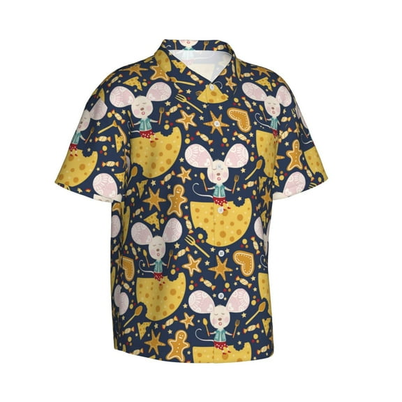 Lsque Mouse Cheese pattern Hawaiian Shirt for Men, Unisex Summer Beach Casual Short Sleeve Button Down Shirts-Small