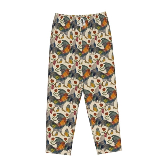 Lsque Multi-Colored Roosters Print Women's Pajama Pants, Lounge Pant - Comfortable Home Wear,Elastic Waistband, Stylish Design-XX-Large