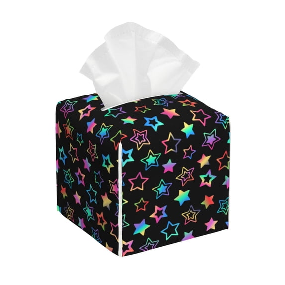 Lsque Multi-Colored Stars Printed Tissue Box Cover Holder, Facial Paper Organizer Dispenser,Square with Bottom Belt, PVC Leather Decorative Organizer