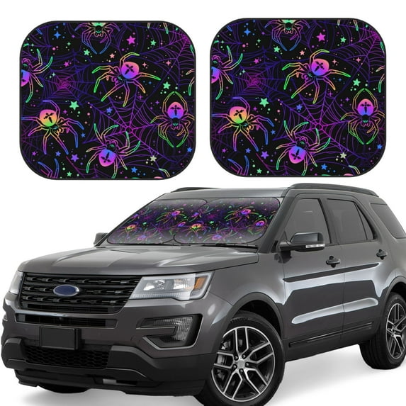 Lsque Multi-colored Spiders 2 PCS Windshield Sun Shade | CarFoldable Window Covers | Car Accessories Reflect UV for Universal Cars SUV Truck | Large