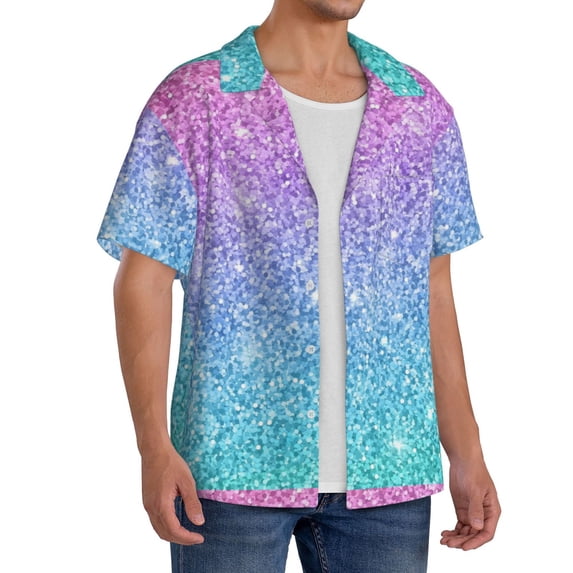 Lsque Multicolor Glitter print Men's Cuban Collar Short Sleeve Shirt Summer Beachwear Casual Button Down Fashionable Vacation Leisure Shirt-4X-Large