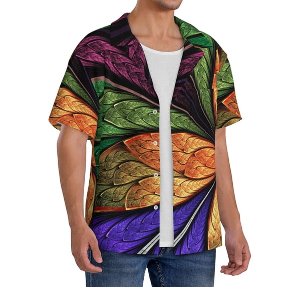 Lsque Multicolored Beautiful Flower1 print Men's Cuban Collar Short Sleeve Shirt Summer Beachwear Casual Button Down Fashionable Vacation Leisure Shirt-X-Large