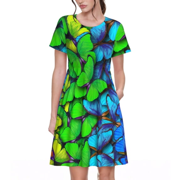 Lsque Multicolored Butterflies Print Women's Casual Dress T-Shirt Summer Short Sleeve Scoop Neck Swing Dresses
