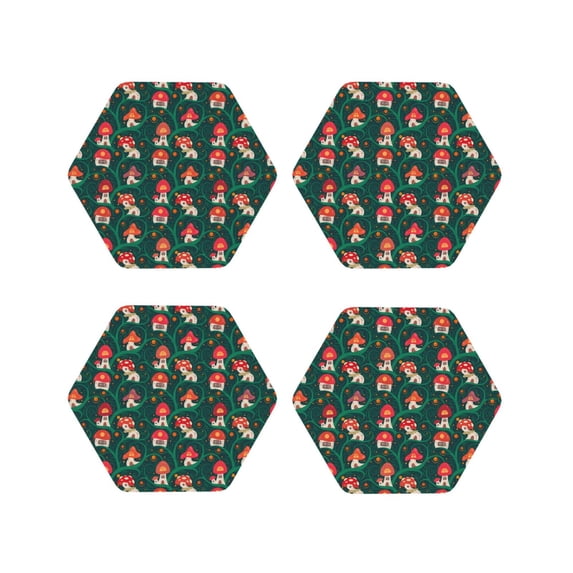 Lsque Mushroom House Pattern 4" Drink Coasters Set of 4, PVC Leather Absorbent Coasters, Table Coaster Set Decorative Coffee Cup Coasters Housewarming Gift -Hexagon