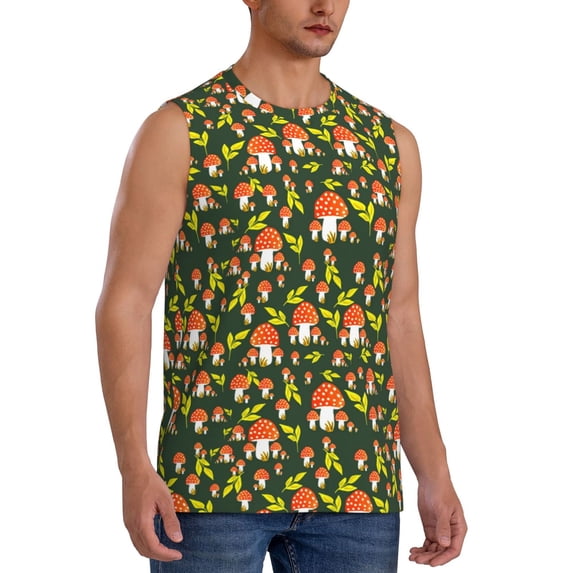 Lsque Mushroom Leaf Print Men's Cotton Blend Sleeveless Muscle Shirts (S-3XL)- Moisture Wicking, Odor Protection, UPF 30+,X-Large