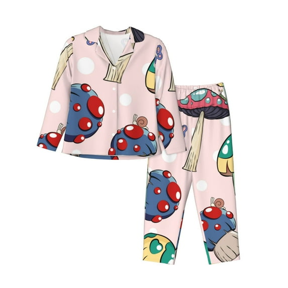 Lsque Mushroom Pattern Long Sleeve Pajama Set for Women - Soft 2-Piece Sleepwear and Loungewear Set with Pockets, Comfy Nightwear-Small