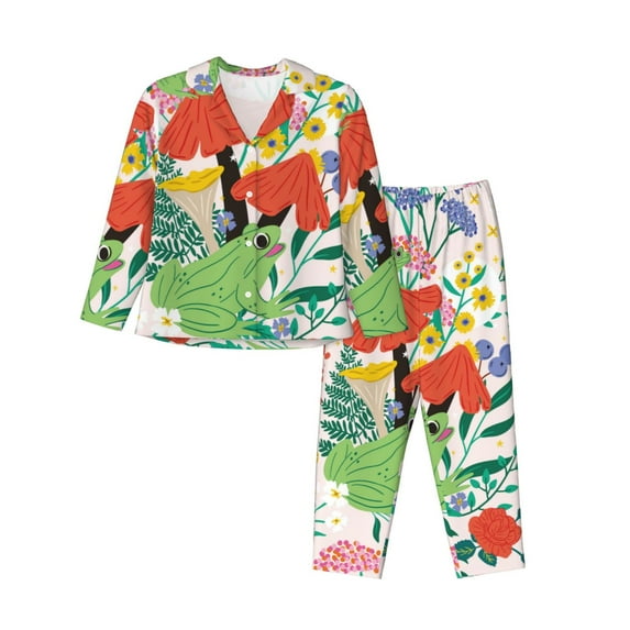 Lsque Mushroom and Frogs Pattern Long Sleeve Pajama Set for Women - Soft 2-Piece Sleepwear and Loungewear Set with Pockets, Comfy Nightwear-XX-Large