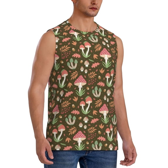 Lsque Mushrooms And Autumn Leaves Print Men's Cotton Blend Sleeveless Muscle Shirts (S-3XL)- Moisture Wicking, Odor Protection, UPF 30+,3X-Large