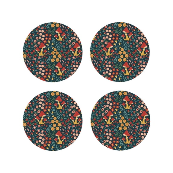 Lsque Mushrooms And Flowers Pattern 4" Drink Coasters Set of 4, PVC Leather Absorbent Coasters, Table Coaster Set Decorative Coffee Cup Coasters Housewarming Gift -Round Shape