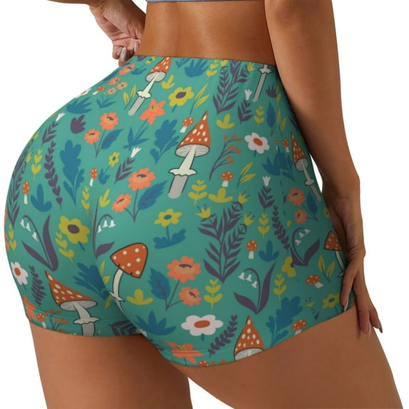 Lsque Mushrooms and Flowers Pattern High Waisted Biker Shorts for Women-Tummy Control Fitness Athletic Workout Running Yoga Gym Shorts,Moisture-Wicking-XX-Large