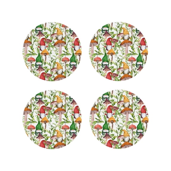 Lsque Mushrooms Gnomes Pattern 4" Drink Coasters Set of 4, PVC Leather Absorbent Coasters, Table Coaster Set Decorative Coffee Cup Coasters Housewarming Gift -Round Shape
