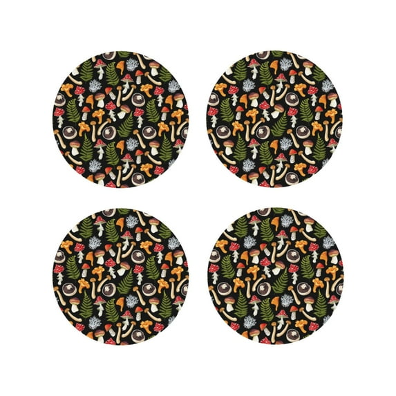 Lsque Mushrooms Pattern 4" Drink Coasters Set of 4, PVC Leather Absorbent Coasters, Table Coaster Set Decorative Coffee Cup Coasters Housewarming Gift -Round Shape