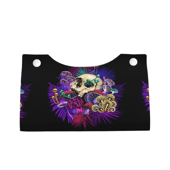 Lsque Mushrooms and Skull Printed Long Tissue Box Cover Holder, Facial Paper Organizer Dispenser,Triangle with Bottom Belt, PVC Leather Decorative Organizer