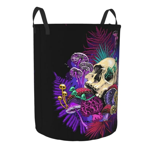Lsque Mushrooms and Skull pattern Laundry Hamper Basket, Tall Woven Rope Hamper Basket for Clothes, Lightweight Storage Basket, Collapsible Waterproof-Small