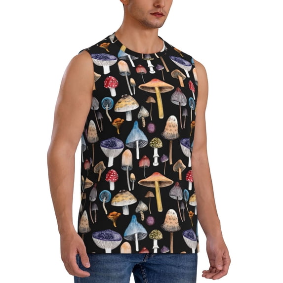 Lsque Mushrooms and Autumn Leaves Print Men's Cotton Blend Sleeveless Muscle Shirts (S-3XL)- Moisture Wicking, Odor Protection, UPF 30+,Medium