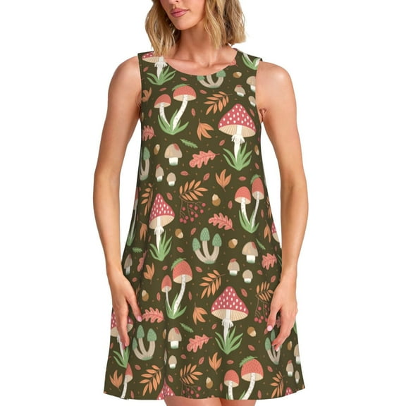Lsque Mushrooms and Autumn Pattern Summer Dresses for Women – Sleeveless T-Shirt Swing Sundress, Perfect for the Beach and Casual Days