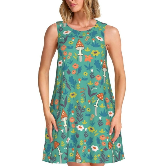 Lsque Mushrooms and Flowers Pattern Summer Dresses for Women – Sleeveless T-Shirt Swing Sundress, Perfect for the Beach and Casual Days
