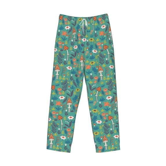 Lsque Mushrooms and Flowers Print Men's Pajama Pants, Lounge Pant - Comfortable Home Wear,Elastic Waistband, Stylish Design-Medium