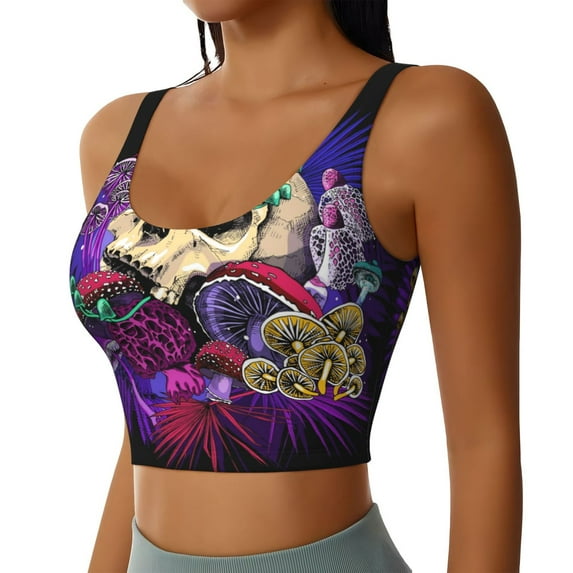 Lsque Mushrooms and Skull Printed Women'S Sports Bra, Compression, Moisture Wicking, High-Impact Sports Bra For Women,Supportive sports bra-Medium