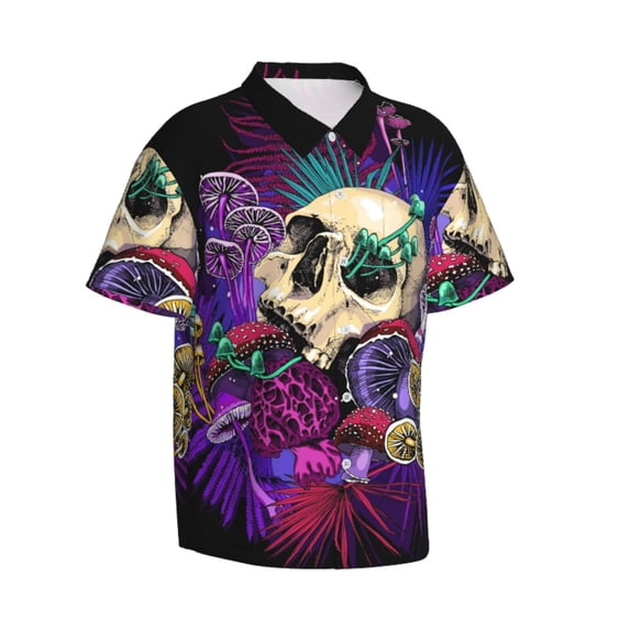 Lsque Mushrooms and Skull pattern Hawaiian Shirt for Men, Unisex Summer Beach Casual Short Sleeve Button Down Shirts-3X-Large