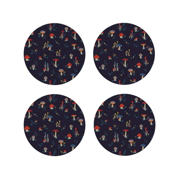 Lsque Mushrooms3 Pattern 4" Drink Coasters Set of 4, PVC Leather Absorbent Coasters, Table Coaster Set Decorative Coffee Cup Coasters Housewarming Gift -Round Shape