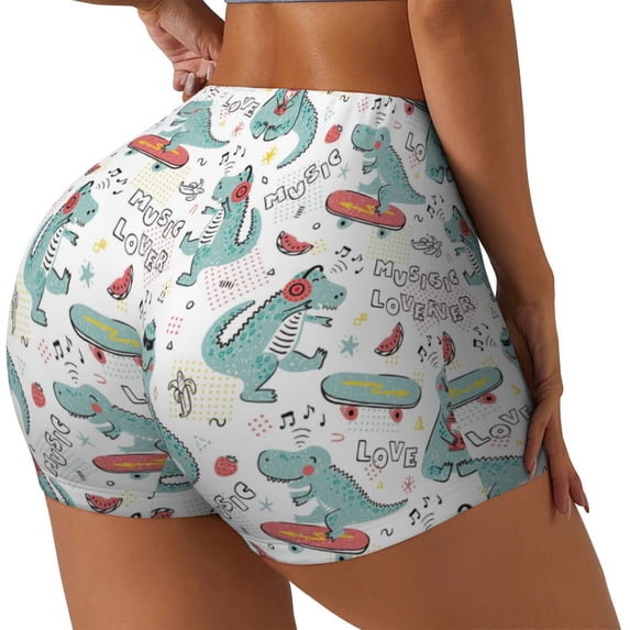 Lsque Music Lover Dinosaur Pattern High Waisted Biker Shorts for Women-Tummy Control Fitness Athletic Workout Running Yoga Gym Shorts,Moisture-Wicking-Large