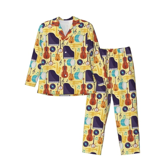 Lsque Musical Instruments Pattern Long Sleeve Pajama Set for Men - Soft 2-Piece Sleepwear and Loungewear Set with Pockets, Comfy Nightwear-X-Large