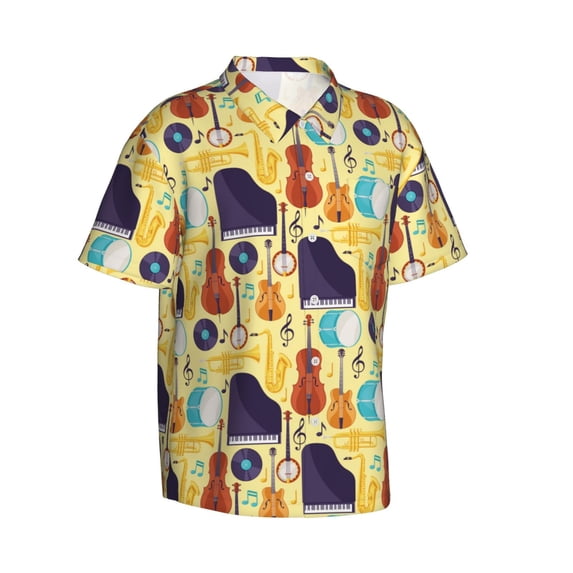 Lsque Musical Instruments pattern Hawaiian Shirt for Men, Unisex Summer Beach Casual Short Sleeve Button Down Shirts-Small