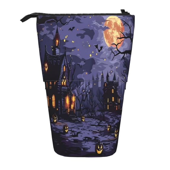 Lsque Mystery House Halloween Night Pattern Telescopic Pencil Bag Pen Holder Stationery Case, Stand-up Retractable Transformer Bag Organizer