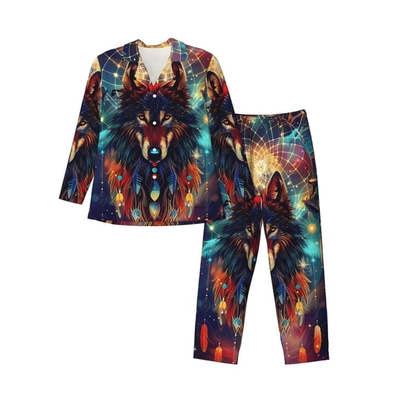 Lsque Mystic Wolf Dreamcatcher Pattern Long Sleeve Pajama Set for Men - Soft 2-Piece Sleepwear and Loungewear Set with Pockets, Comfy Nightwear-X-Large