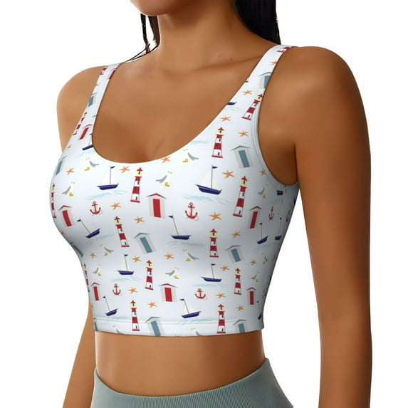 Lsque Nautical Lighthouse Sailboat Printed Women'S Sports Bra, Compression, Moisture Wicking, High-Impact Sports Bra For Women,Supportive sports bra-XX-Large