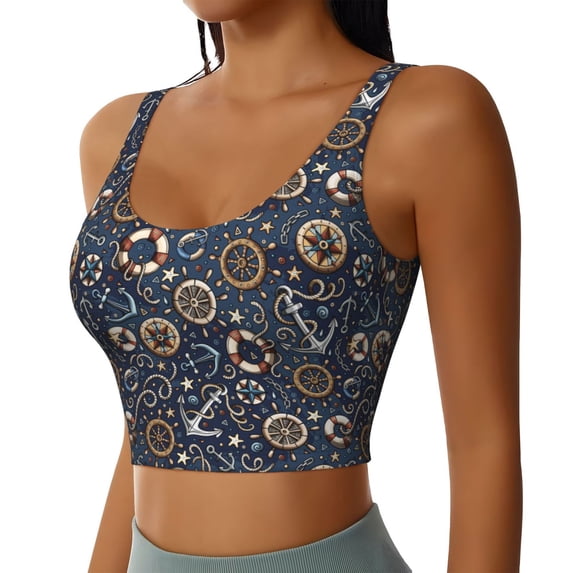 Lsque Nautical Printed Women'S Sports Bra, Compression, Moisture Wicking, High-Impact Sports Bra For Women,Supportive sports bra-Large