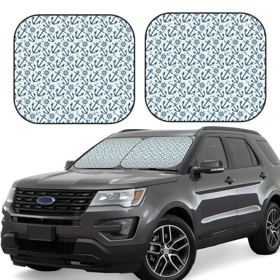 Lsque Nautical Theme Anchors 2 PCS Windshield Sun Shade | CarFoldable Window Covers | Car Accessories Reflect UV for Universal Cars SUV Truck | Large