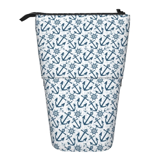 Lsque Nautical Theme Anchors Pattern Telescopic Pencil Bag Pen Holder Stationery Case, Stand-up Retractable Transformer Bag Organizer