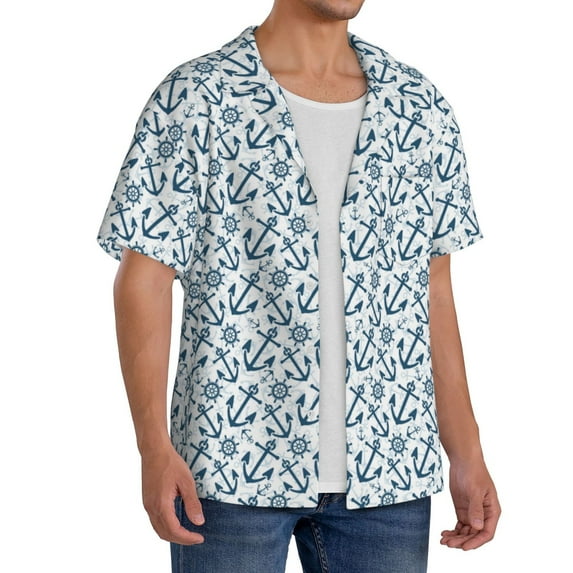 Lsque Nautical Theme Anchors print Men's Cuban Collar Short Sleeve Shirt Summer Beachwear Casual Button Down Fashionable Vacation Leisure Shirt-Small
